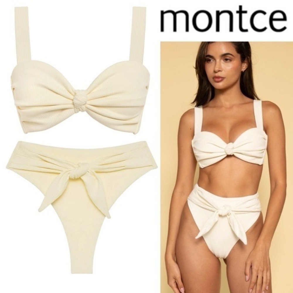 Montce Hayden Cream Bra Knotted Front Paula Rib Waist Tie Bikini Bottoms L SET